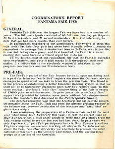 Coordinator's Report Fantasia Fair 1986