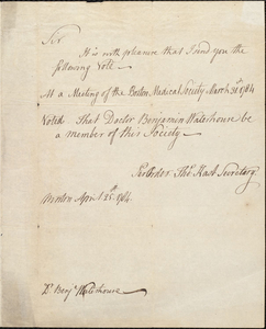 Letter from the Boston Medical Society to Benjamin Waterhouse