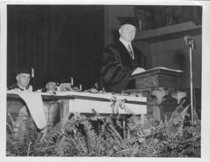 David Sarnoff, President of RCA, delivers address at 1939 Suffolk University commencement