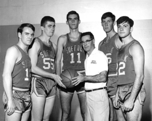 Suffolk University basketball player Jay Crowley and team mates, 1968