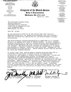 Letter from Congressmen John Joseph Moakley, William Delahunt, and Michael Capuano to Norman Dicks, Ranking Democrat, Subcommittee on Interior Committee on Appropriations, requesting increase for operations of Boston Harbor Islands Partnership, 23 March 2000