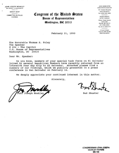Letter from John Joseph Moakley and Bud Shuster to the Honorable Thomas S. Foley regarding summary of findings of El Salvador Special Task Force, 21 February 1990