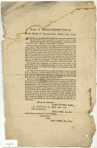 State of Massachusetts-Bay : In the House of Representatives, March 17th, 1777. Whereas it is indispensably necessary that the troops raised and raising in this State for the Continental Army, should be as soon as possible furnished with good Fire Arms and Accoutrements...