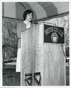 Robsham Theatre exterior: groundbreaking, unidentified woman speaking at podium