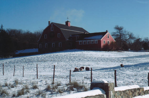 Weir River Farm in winter with sheep in the field