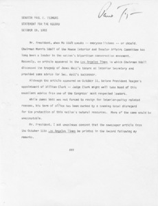 Floor Statement for the Record regarding an article by Mo Udall wrote discussing James Watt's tenure as Interior Secretary
