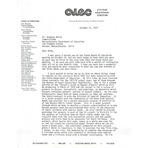 Letter, Dr. Gregory Anrig, October 31, 1977.