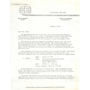 Letter, Educational Task Force, August 8, 1974.