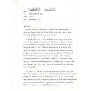 Confidential memo to administrative staff, November 4, 1976.
