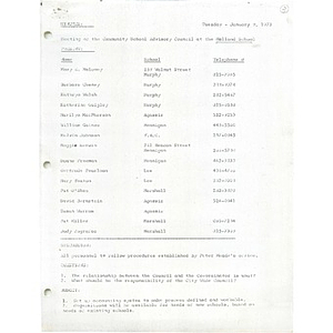 Meeting minutes of the Community School Advisory Council January 9, 1973.