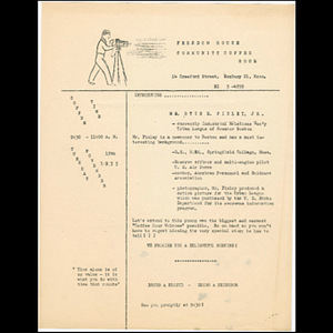 Flier advertising Freedom House Coffee Hour featuring Otis E. Finley, Jr., Industrial Relations Secretary for the Urban League of Greater Boston