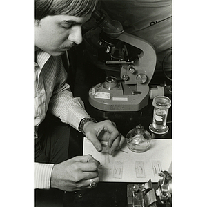 Marine science student working with slides and microscope