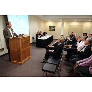 Peter Barrett, PhD '79, speaks at the NU Today Cancer Research Panel