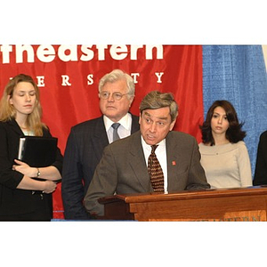 President Richard Freeland speaks at press conference on student financial aid cuts