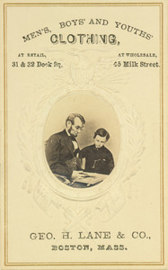 Trade card for Geo. H. Lane and Co., Men, Boys' and Youths' Clothing, featuring Abraham Lincoln and his son, Tad