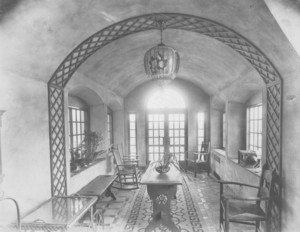 Interior view of an unidentified house, location unknown, narrow room, undated