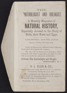 Advertisement for The ornithologist and oologist, a monthly magazine of natural history, A.L. Ellis & Co., Pawtucket, Rhode Island, December 1883