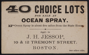 Trade card for J.H. Jessop, real estate agent, 10 & 12 Tremont Street, Boston, Mass., undated