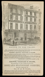 Advertisement for Brown, Taggard & Chase, book and stationery jobbers, Nos. 25 and 29 Cornhill, Boston, Mass., 1859