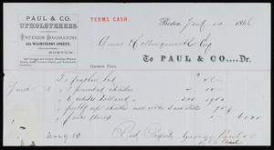 Billhead for Paul & Co., Dr., upholsterers and interior decorators, 354 Washington Street, Boston, Mass., dated January 14, 1868