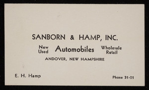 Trade card for Sanborn & Hamp, Inc., automobiles, Andover, New Hampshire, undated