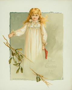 Christmas card, showing a little girl with stocking, 1887