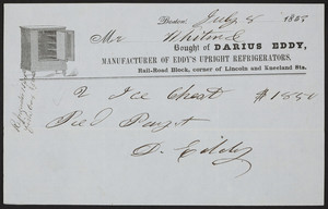 Billhead for Darious Eddy, manufacturer of Eddy's Upright Refrigerators, Rail-Road Block, corner of Lincoln and Kneeland Sts., Boston, Mass., dated July 8, 1853