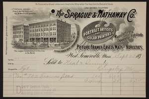 Billhead for The Sprague & Hathaway Co., portrait artists and solar printers, West Somerville, Mass., dated September 23, 1896