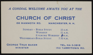 Business card for the Church of Christ, 66 Mammoth Road, Manchester, New Hampshire, undated