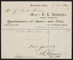Billhead for P.E. Somers, manufacturers of tacks and nails, No. 17 Hermon Street, Worcester, Mass., dated December 21, 1894