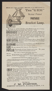 Handbill for The Gem Nickel Plated Portable Bracket Lamp, J.M. Foster, Domestic Building, Broadway & 14th Streets, New York, New York, 1880
