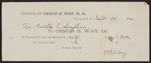 Receipt for Osmon B. Way, M.D., Dr., Claremont, New Hampshire, dated September 30, 1892