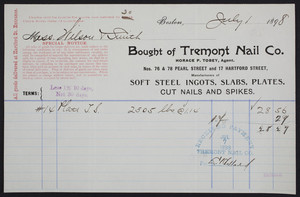 Billhead for the Tremont Nail Co., Nos. 76 & 78 Pearl Street and 17 Hartford Street, Boston, Mass., dated July 1, 1898
