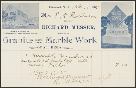 Billhead for Richard Messer, dealer in granite and marble work of all kinds, Claremont, New Hampshire, dated November 1, 1905
