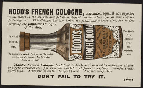 Trade card for Hood's French Cologne, M.C. Hood & Co., Boston, Mass., undated