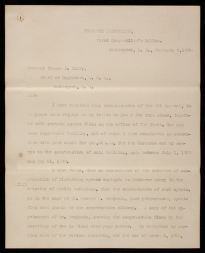 M. J. Durham to Thomas Lincoln Casey, February 9, 1889, copy