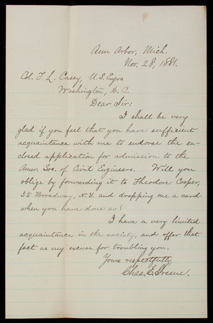 Charles E. Greene to Thomas Lincoln Casey, November 28, 1881
