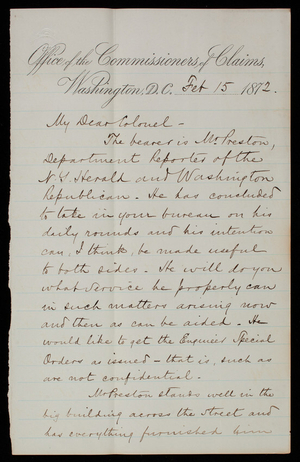 Charles F. Benjamin to Thomas Lincoln Casey, February 15, 1872