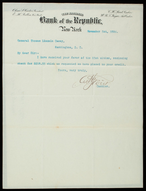 Charles H. Stout/National Bank of the Republic to Thomas Lincoln Casey, November 1, 1894