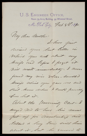 Thomas Lincoln Casey, Jr. to Emma Weir Casey, February 8, 1890