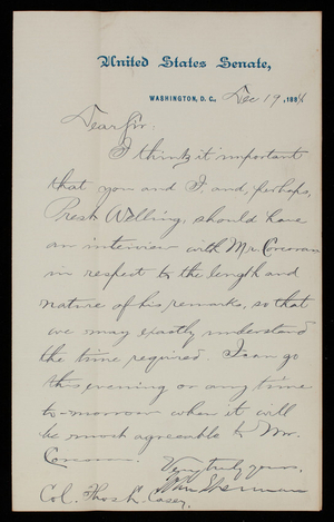 Senator Sherman to Thomas Lincoln Casey, December 19, 1884