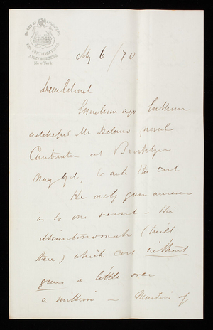 [John G.] Barnard to Thomas Lincoln Casey, May 6, 1870
