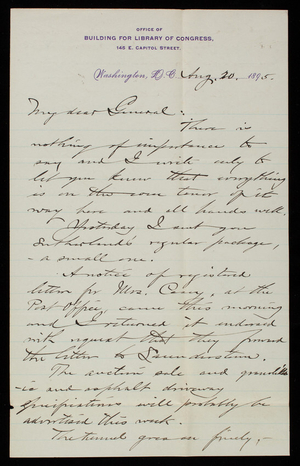 Bernard R. Green to Thomas Lincoln Casey, August 20, 1895