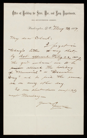 Bernard R. Green to Thomas Lincoln Casey, May 29, 1887 (2)
