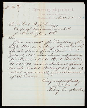 [Jonathan] Tarbell to Thomas Lincoln Casey, September 28, 1880