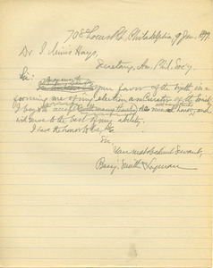 Letter from Benjamin Smith Lyman to Isaac Minis Hays