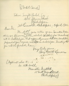 Letter from Benjamin Smith Lyman to Edwin Swift Balch
