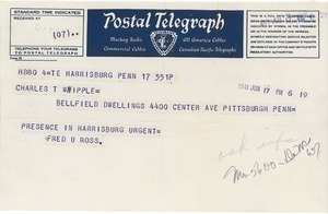 Telegram from Fred U. Ross to Charles L. Whipple