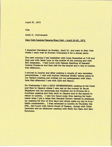 Memorandum from Mark H. McCormack concerning his trip to New York, London, and Geneva