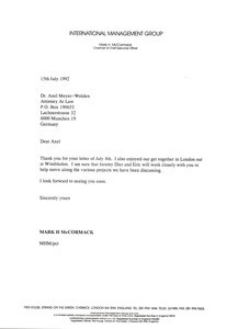 Letter from Mark H. McCormack to Axel Meyer-Wolden
